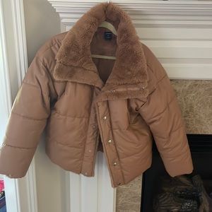 express faux tan leather puffer size M